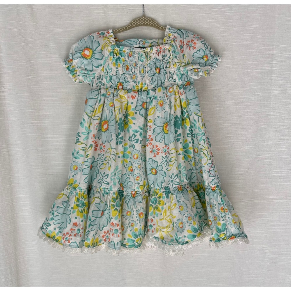 Joie Kids Floral Smocked Puff Sleeve Linen Blend Dress Daisy Lace Trim Bow Back‎